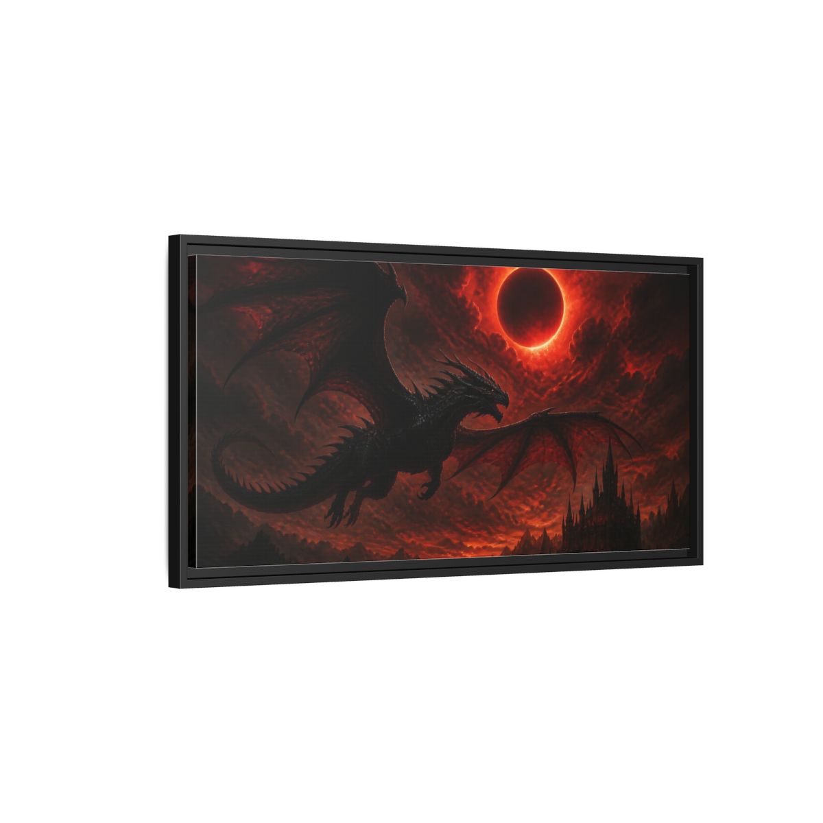 Side Mockup 2. Animals Dragon Beneath Red Eclipse shown as framed canvas print