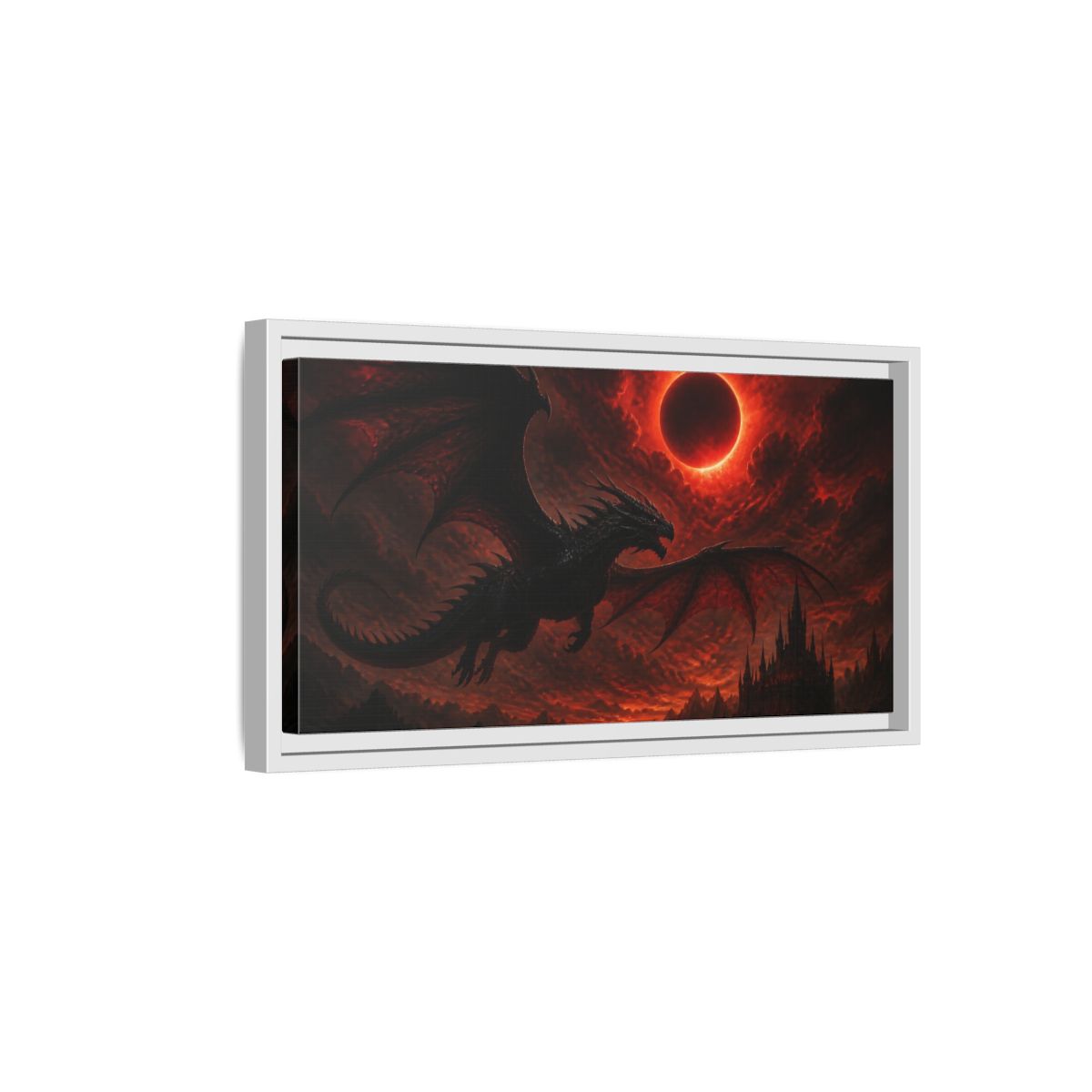 Side Mockup 6. Animals Dragon Beneath Red Eclipse shown as framed canvas print