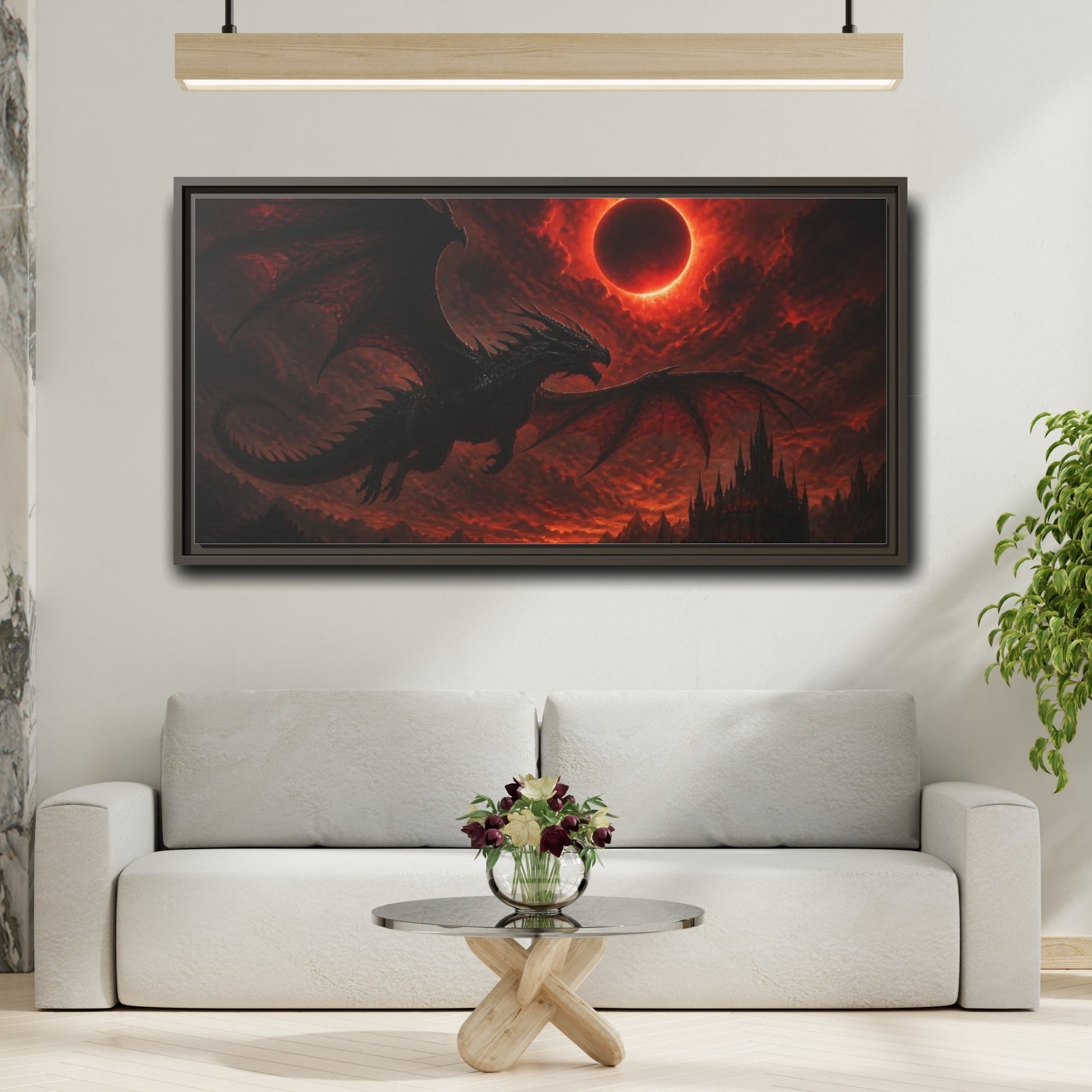 Mockup 2. Animals Dragon Beneath Red Eclipse shown as framed canvas print