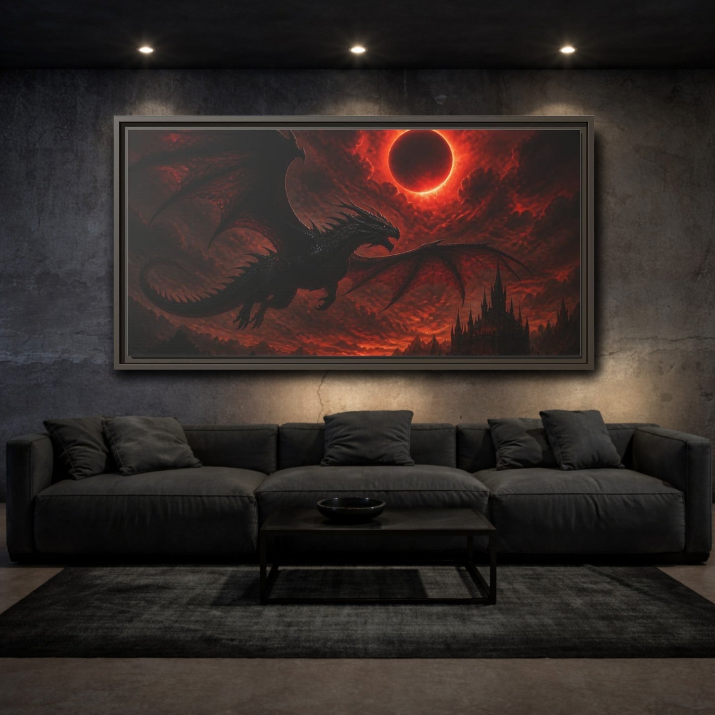 Mockup 3. Animals Dragon Beneath Red Eclipse shown as framed canvas print