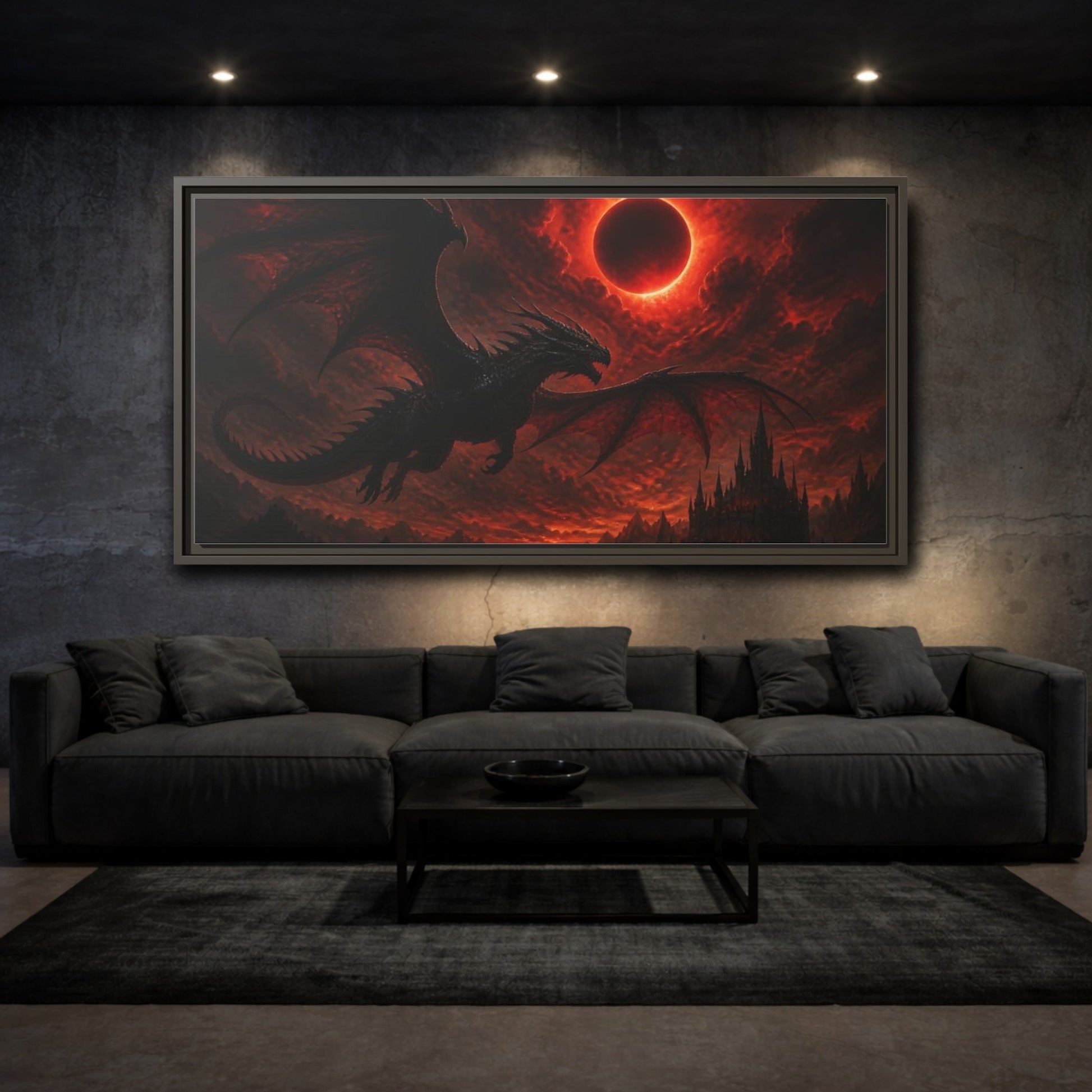 Mockup 3. Animals Dragon Beneath Red Eclipse shown as framed canvas print