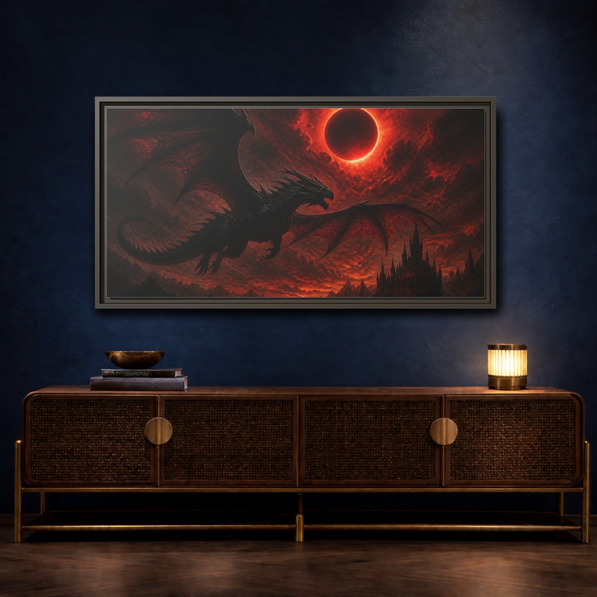 Mockup 4. Animals Dragon Beneath Red Eclipse shown as framed canvas print