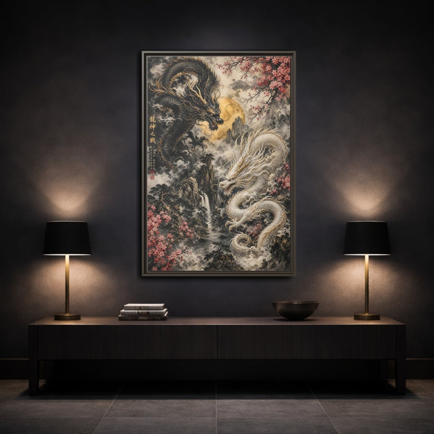 Mockup 3. Animals Dragons Black White Gold Dragons shown as stretched canvas wall art