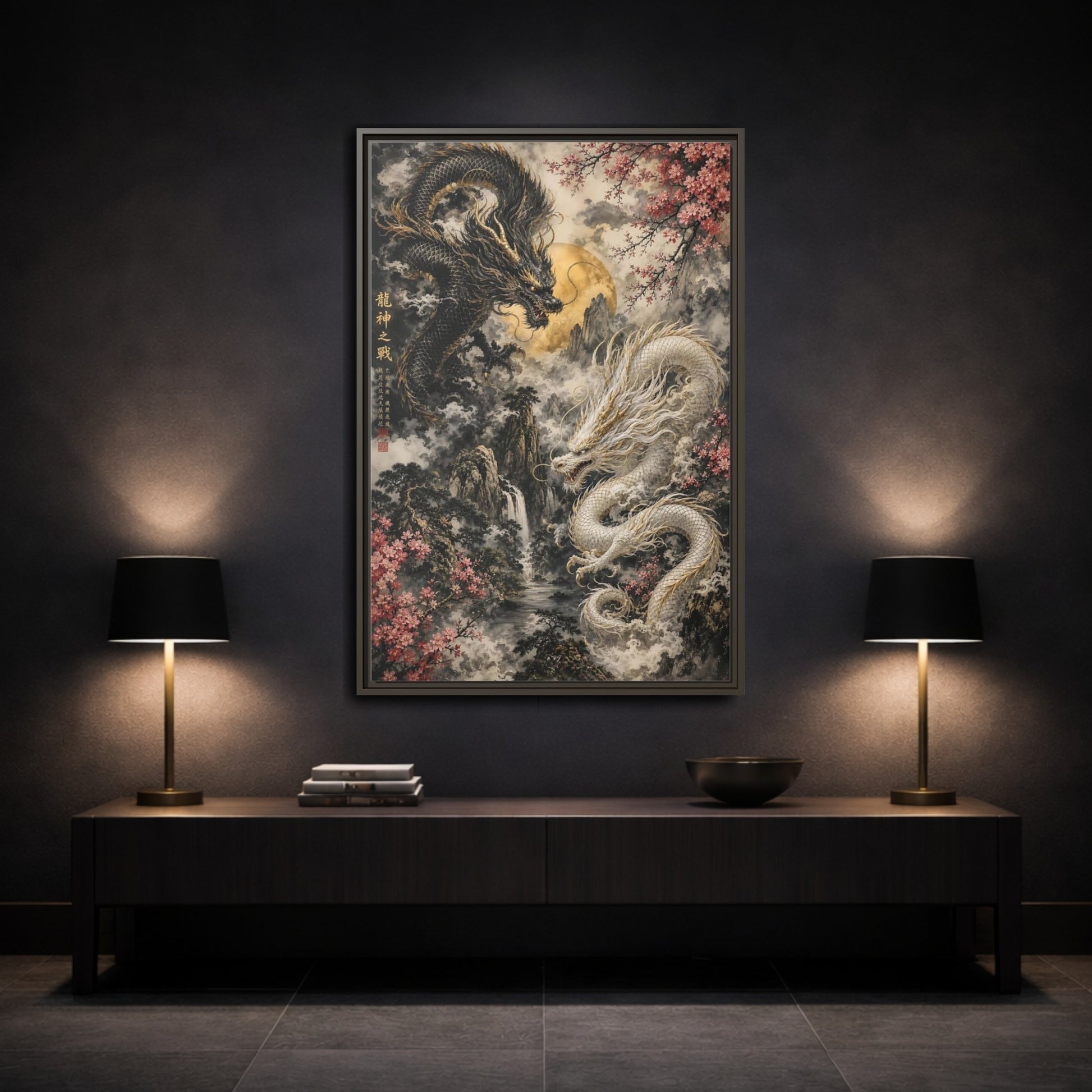 Mockup 3. Animals Dragons Black White Gold Dragons shown as stretched canvas wall art