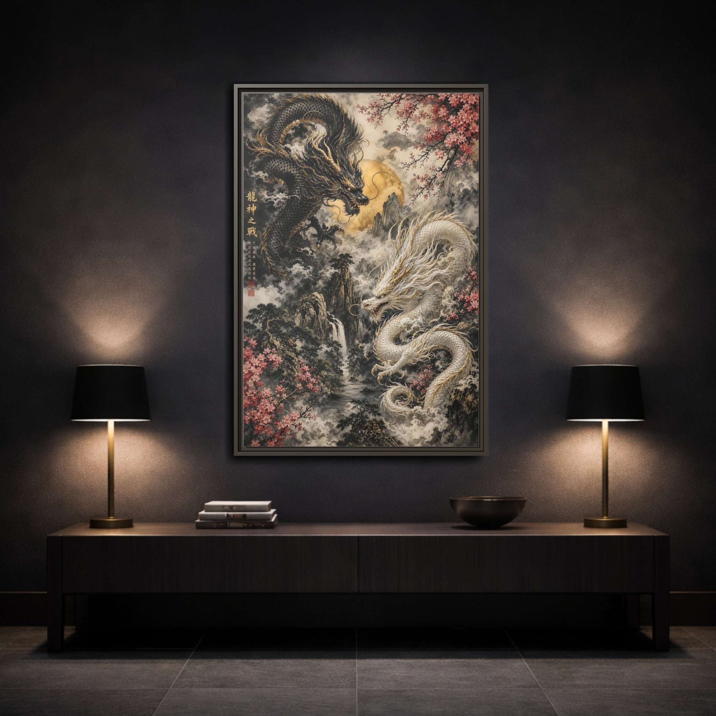 Mockup 3. Animals Dragons Black White Gold Dragons shown as stretched canvas wall art