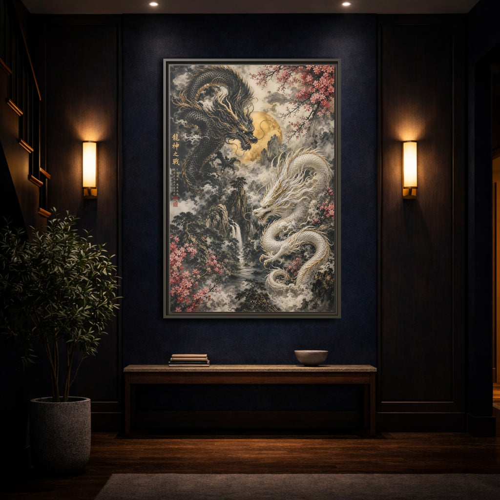 Mockup 4. Animals Dragons Black White Gold Dragons shown as stretched canvas wall art