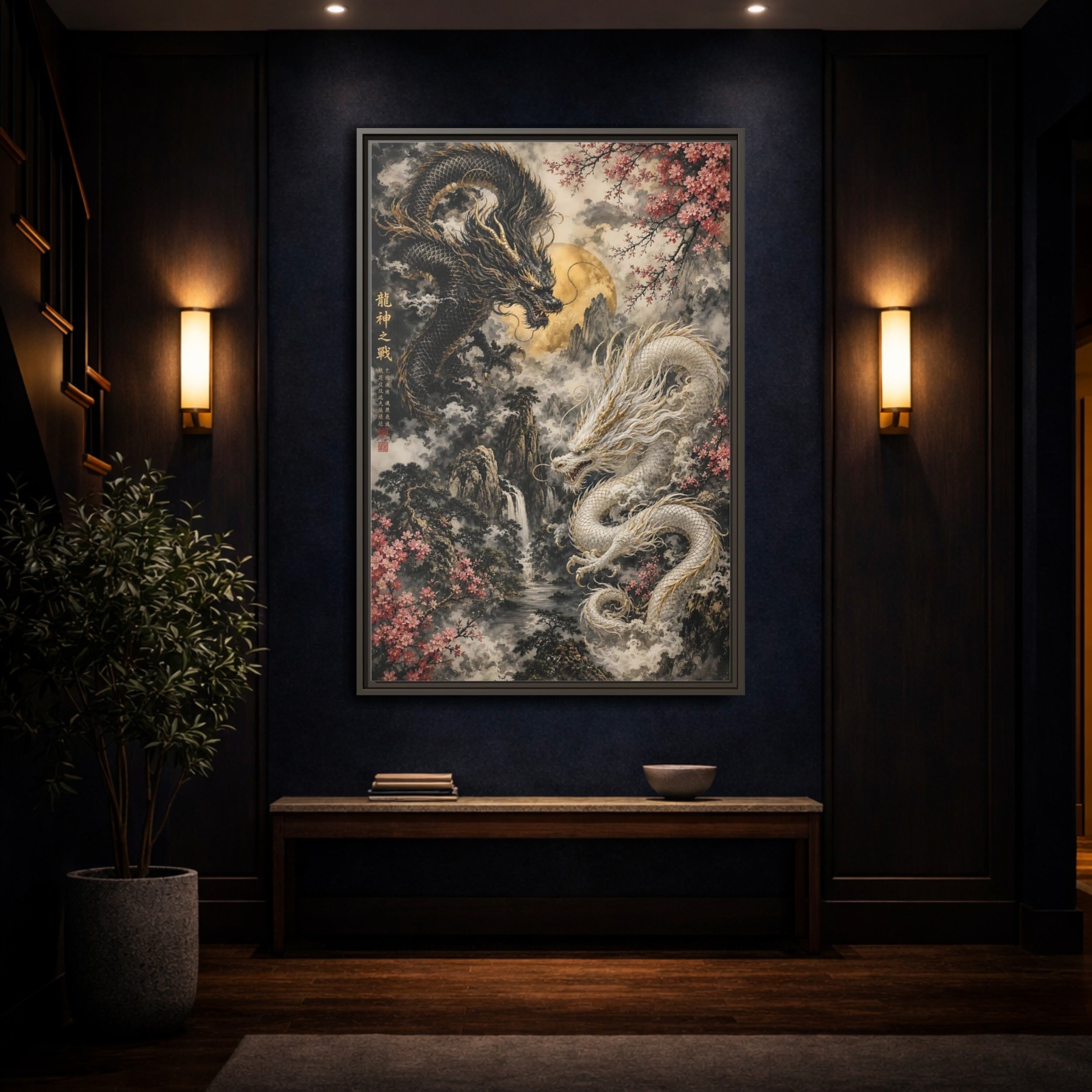 Mockup 4. Animals Dragons Black White Gold Dragons shown as stretched canvas wall art
