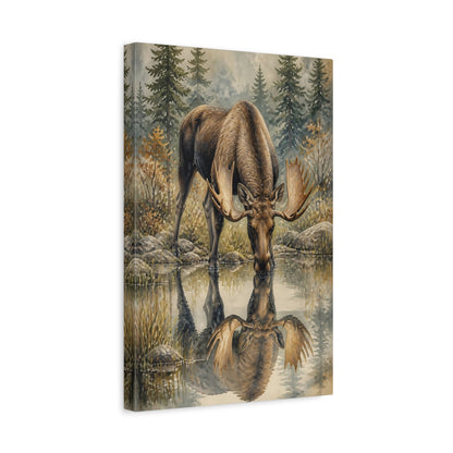 Side Mockup 4. Animals Drinking Moose Reflection shown as canvas print