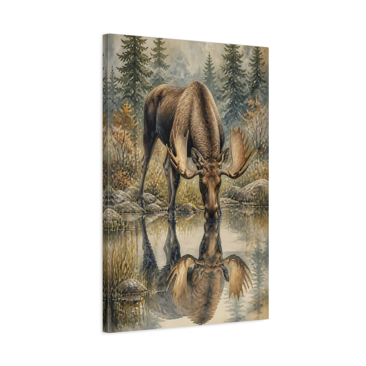 Side Mockup 2. Animals Drinking Moose Reflection shown as canvas print