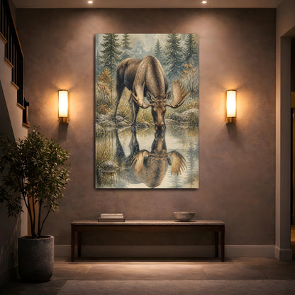 Mockup 2. Animals Drinking Moose Reflection shown as canvas print