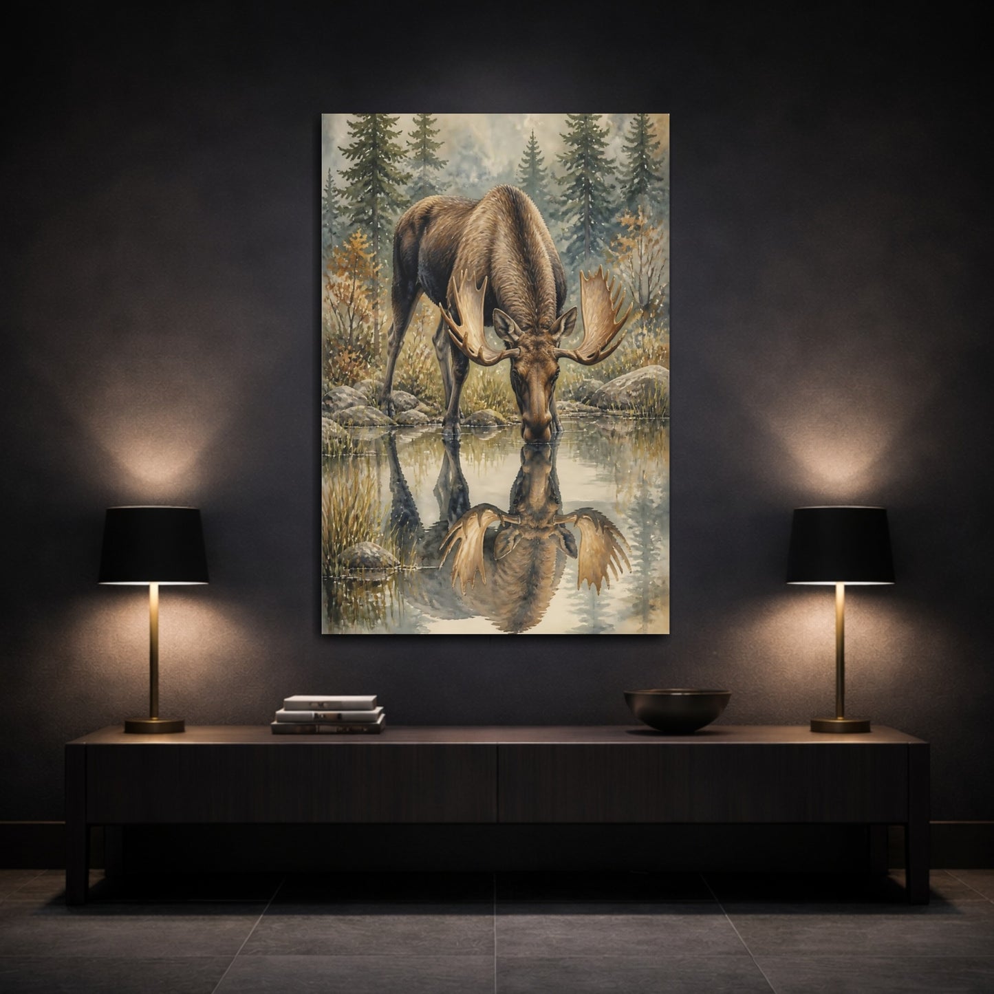 Mockup 3. Animals Drinking Moose Reflection shown as canvas print