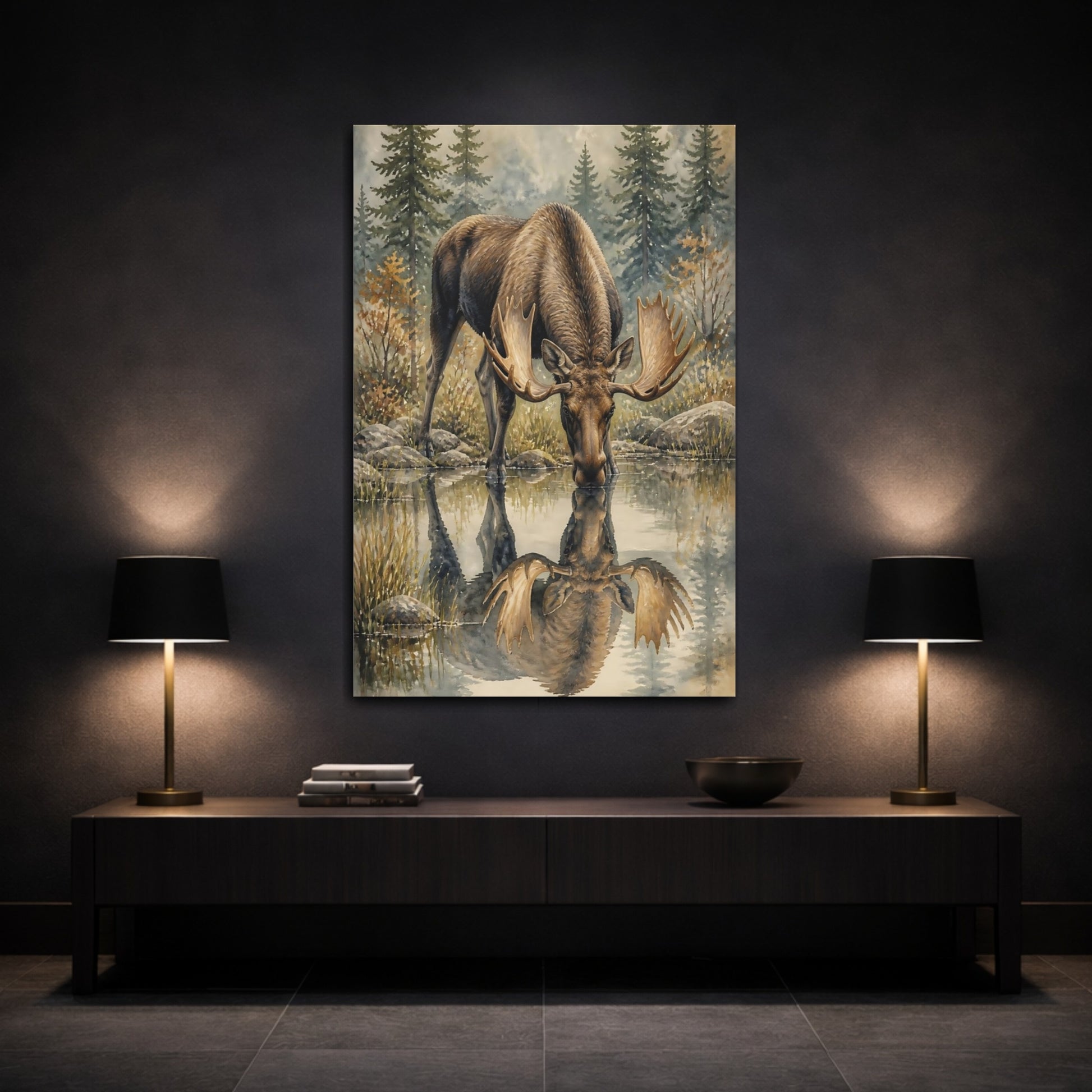 Mockup 3. Animals Drinking Moose Reflection shown as canvas print