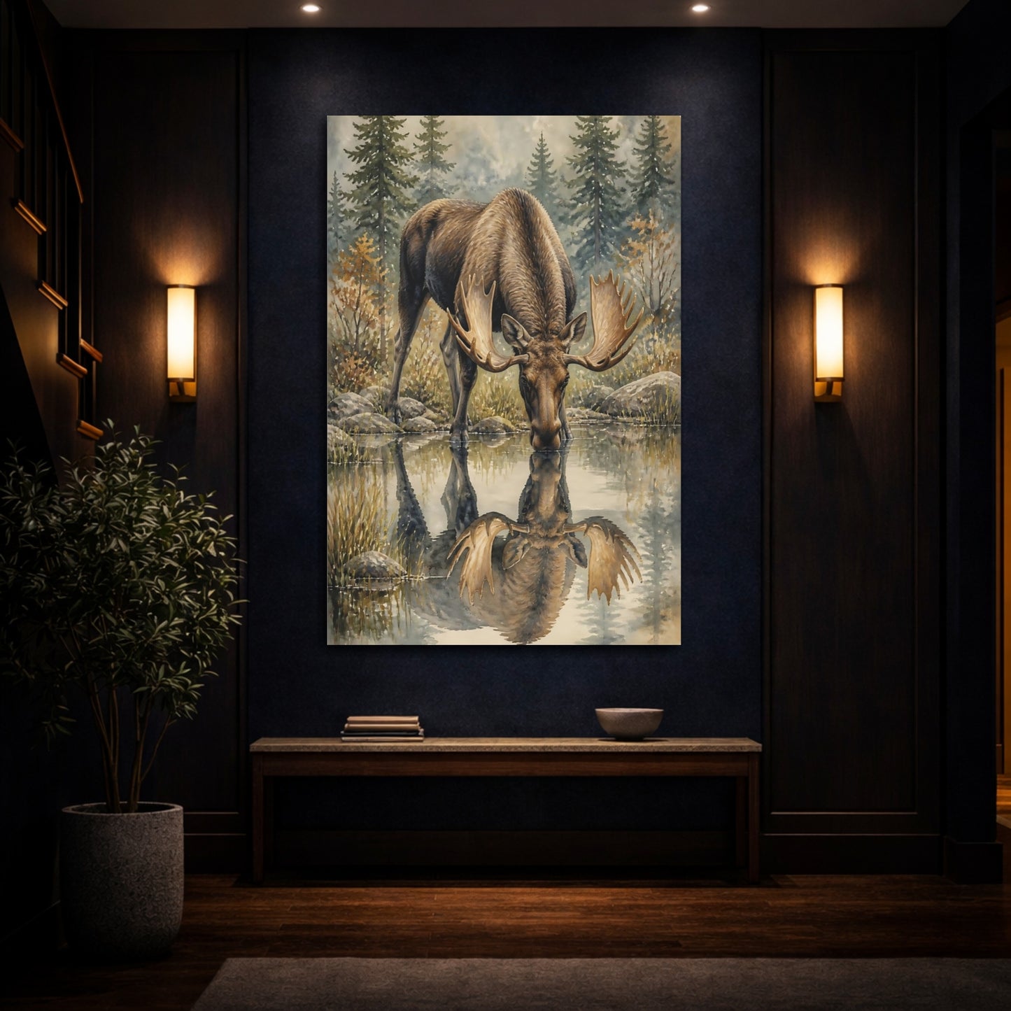 Mockup 4. Animals Drinking Moose Reflection shown as canvas print