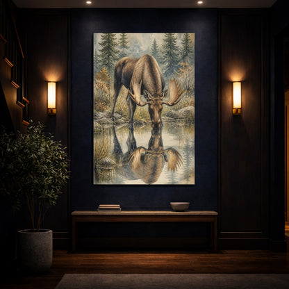 Mockup 4. Animals Drinking Moose Reflection shown as canvas print