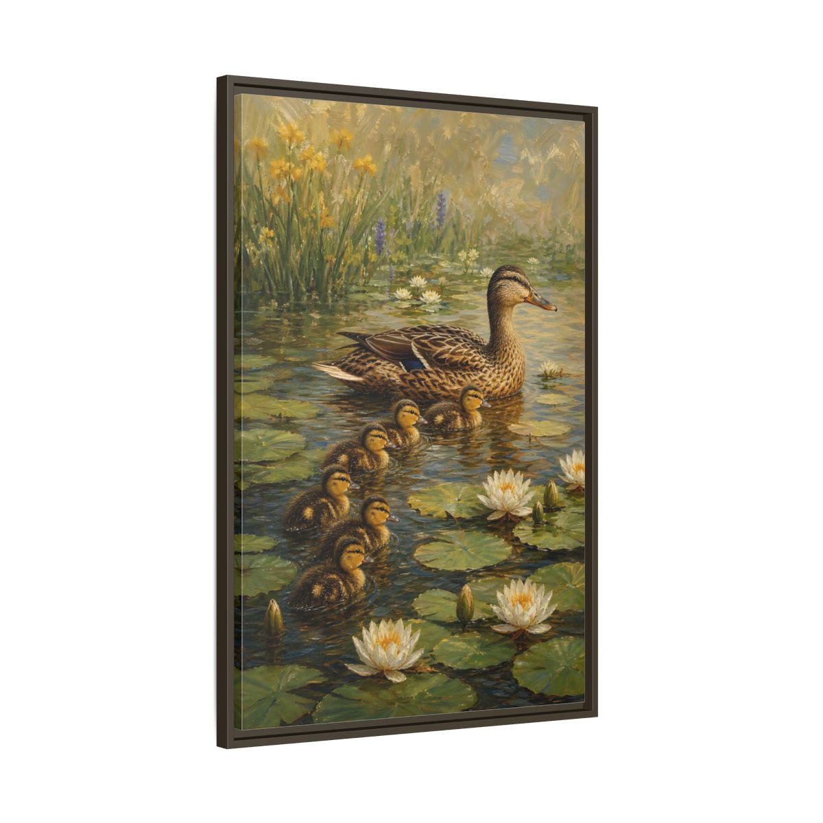 Main Mockup. Animals Duck Family Brown And Green Duck Pond shown as stretched canvas wall art