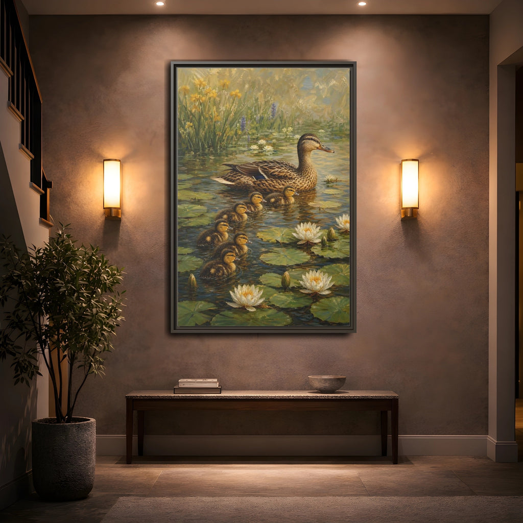 Mockup 2. Animals Duck Family Brown And Green Duck Pond shown as stretched canvas wall art