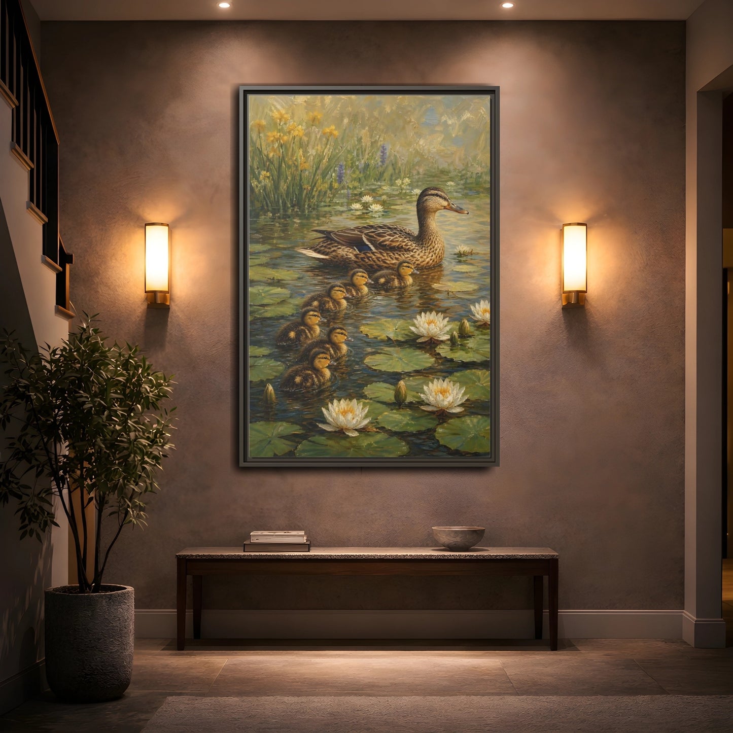 Mockup 2. Animals Duck Family Brown And Green Duck Pond shown as stretched canvas wall art