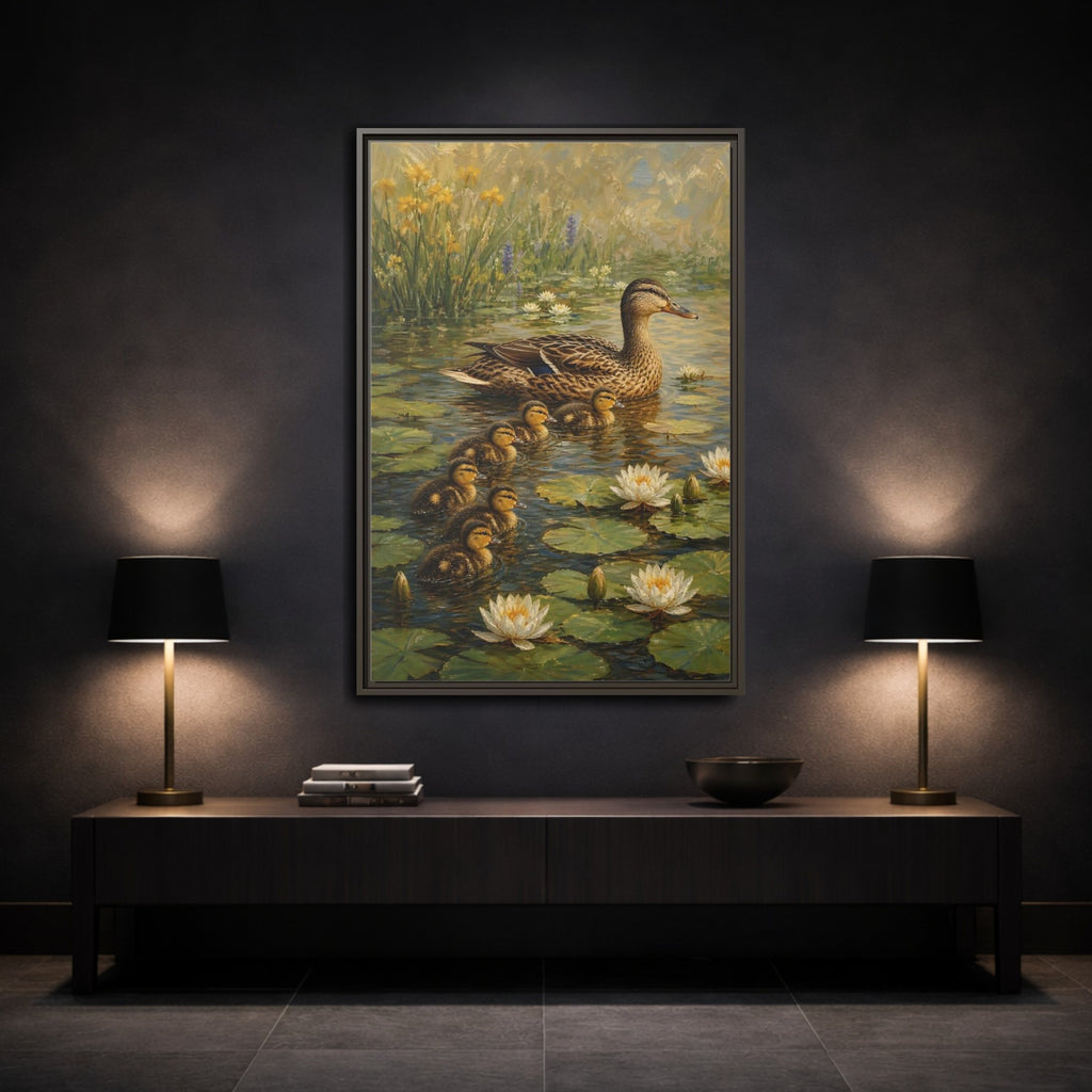 Mockup 3. Animals Duck Family Brown And Green Duck Pond shown as stretched canvas wall art
