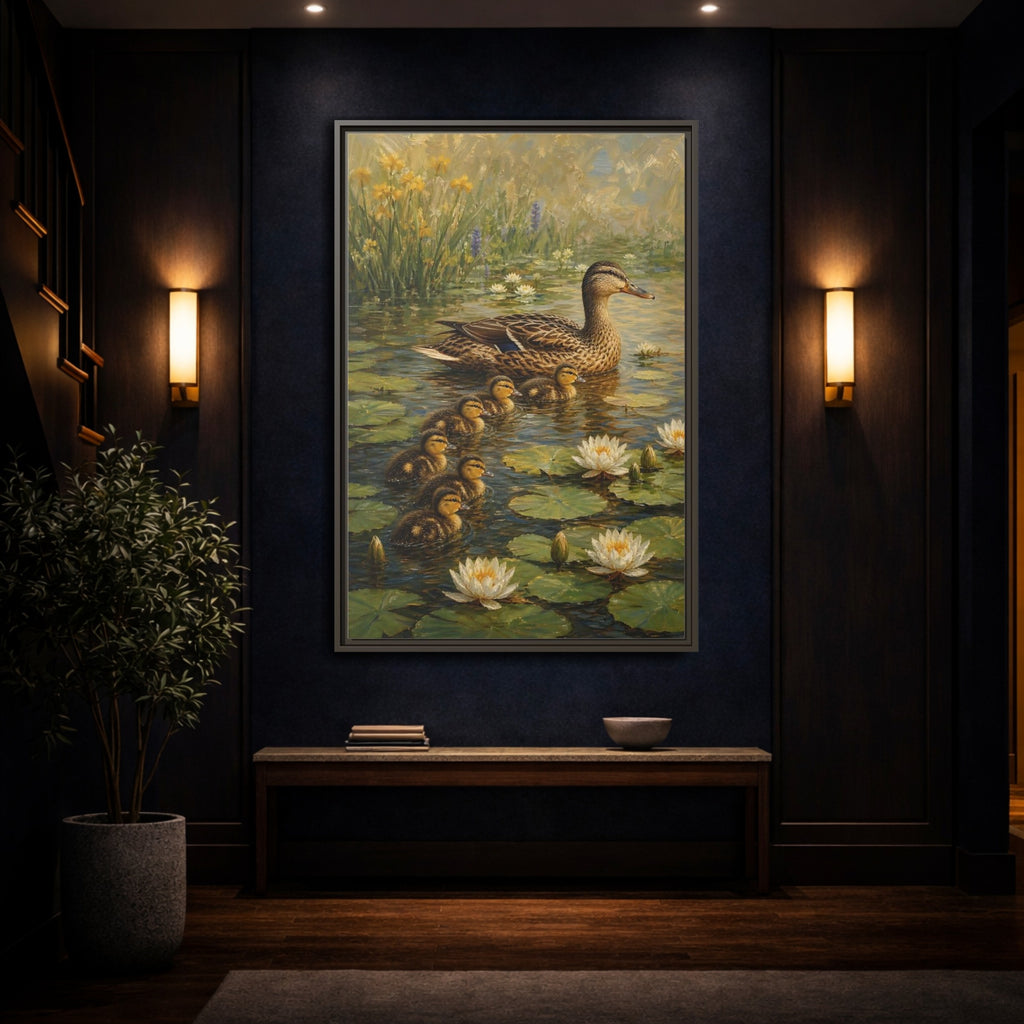 Mockup 4. Animals Duck Family Brown And Green Duck Pond shown as stretched canvas wall art