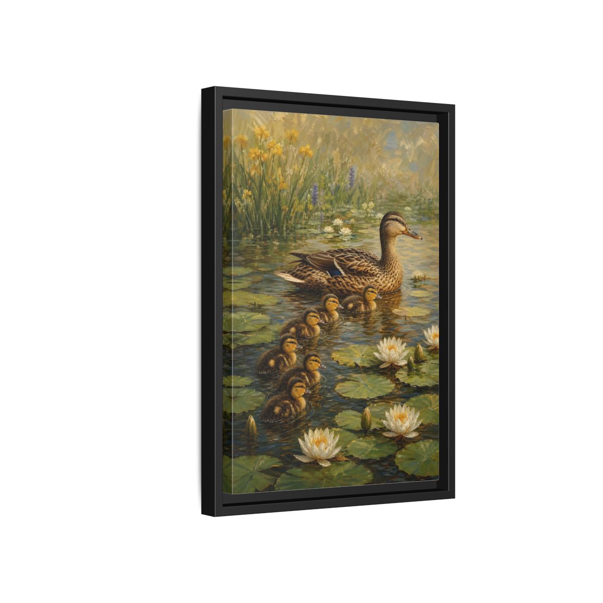 Side Mockup 6. Animals Duck Family Brown And Green Duck Pond shown as stretched canvas wall art