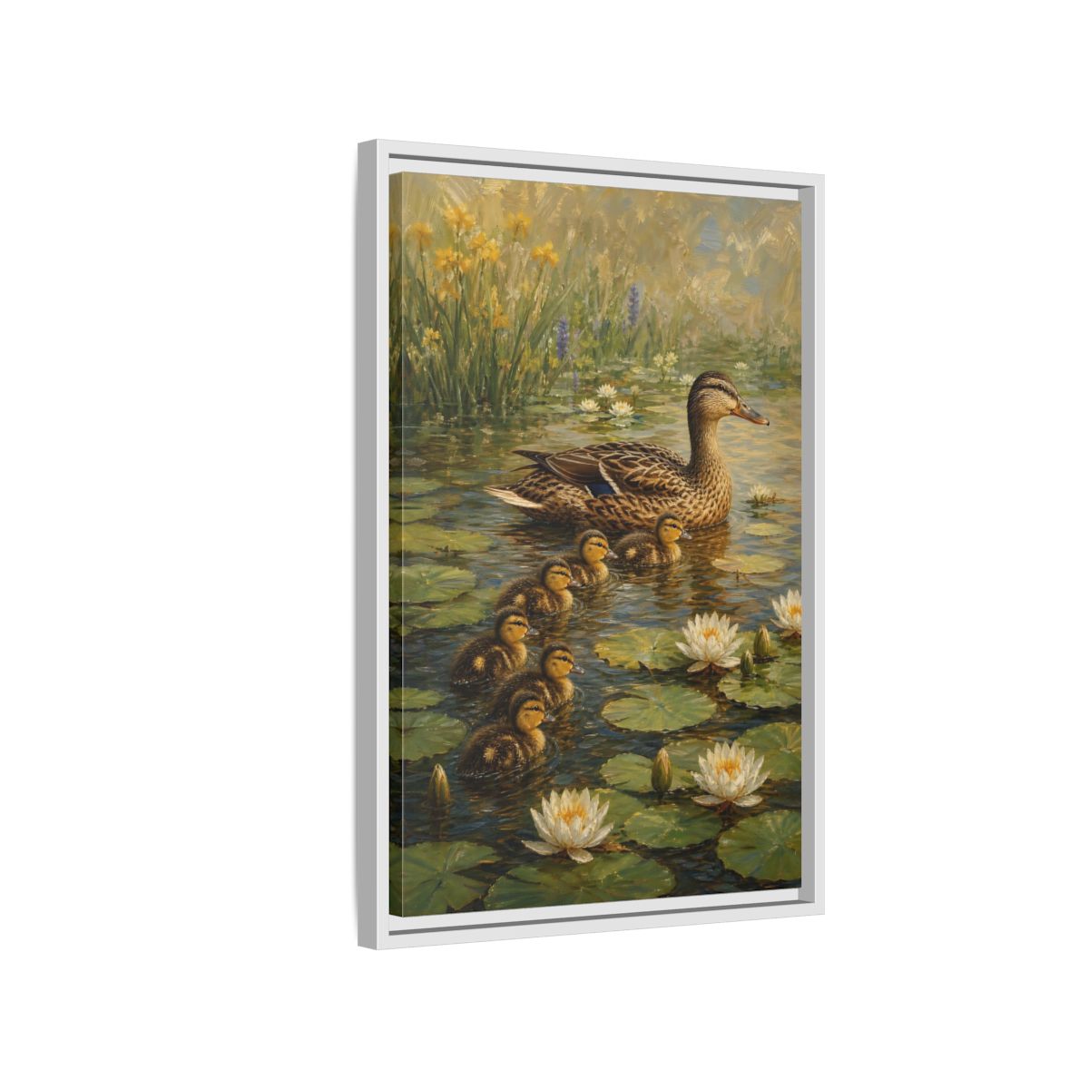 Side Mockup 1. Animals Duck Family Brown And Green Duck Pond shown as stretched canvas wall art