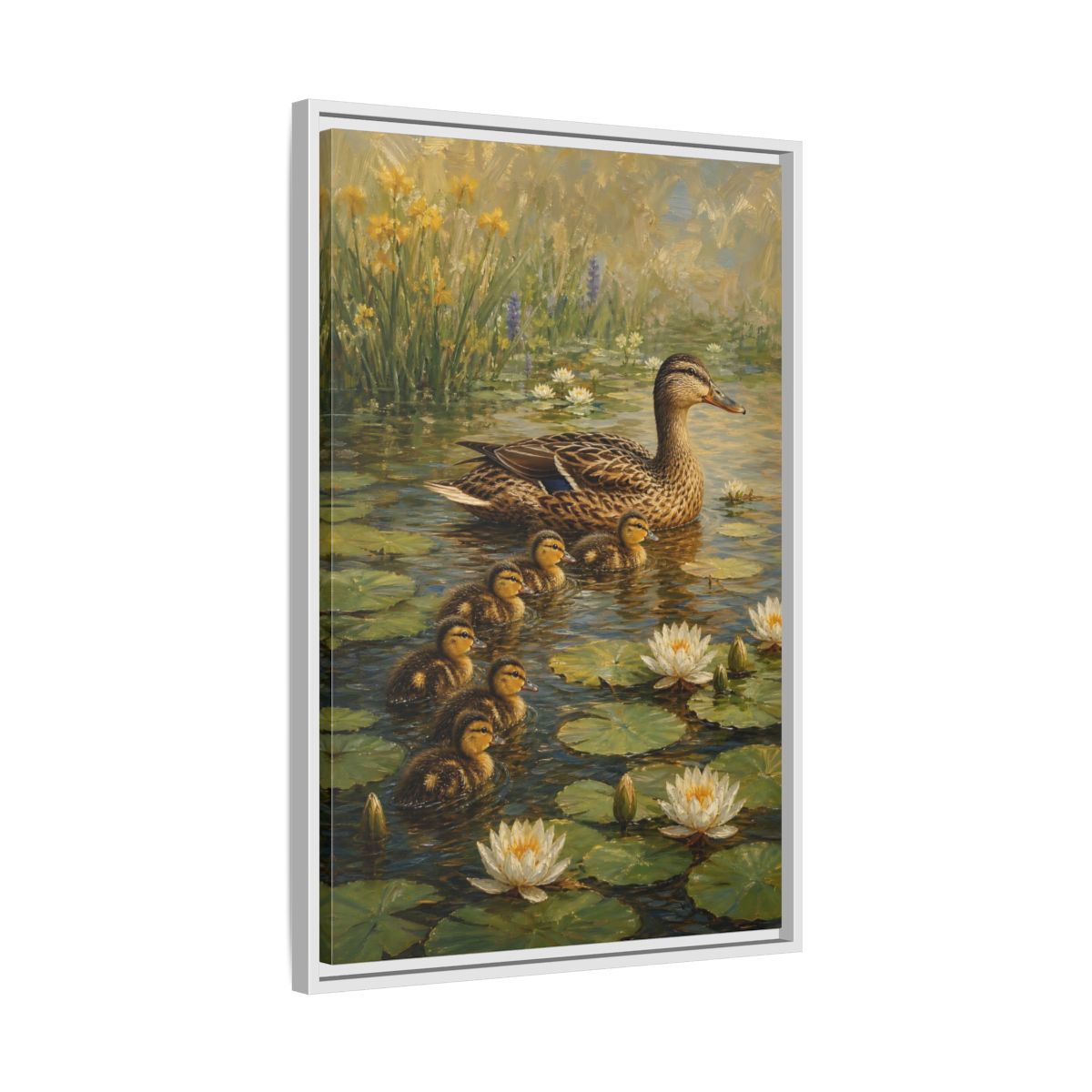 Side Mockup 10. Animals Duck Family Brown And Green Duck Pond shown as stretched canvas wall art