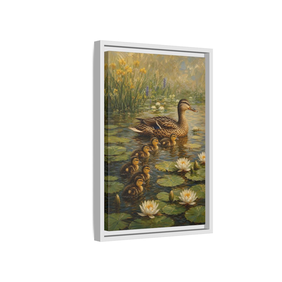 Side Mockup 4. Animals Duck Family Brown And Green Duck Pond shown as stretched canvas wall art