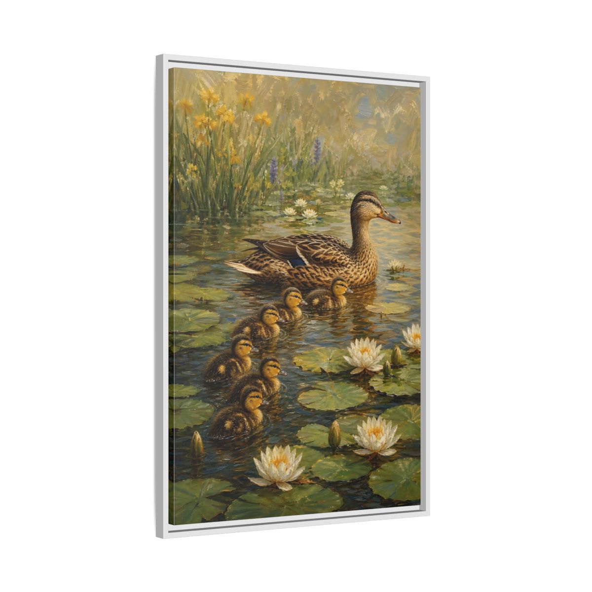 Side Mockup 9. Animals Duck Family Brown And Green Duck Pond shown as stretched canvas wall art