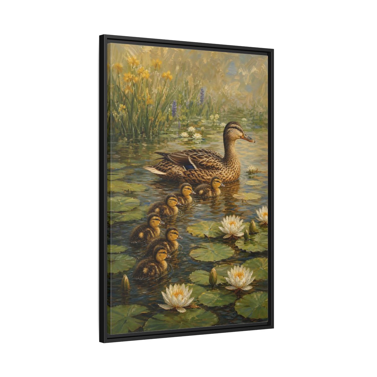 Side Mockup 13. Animals Duck Family Brown And Green Duck Pond shown as stretched canvas wall art