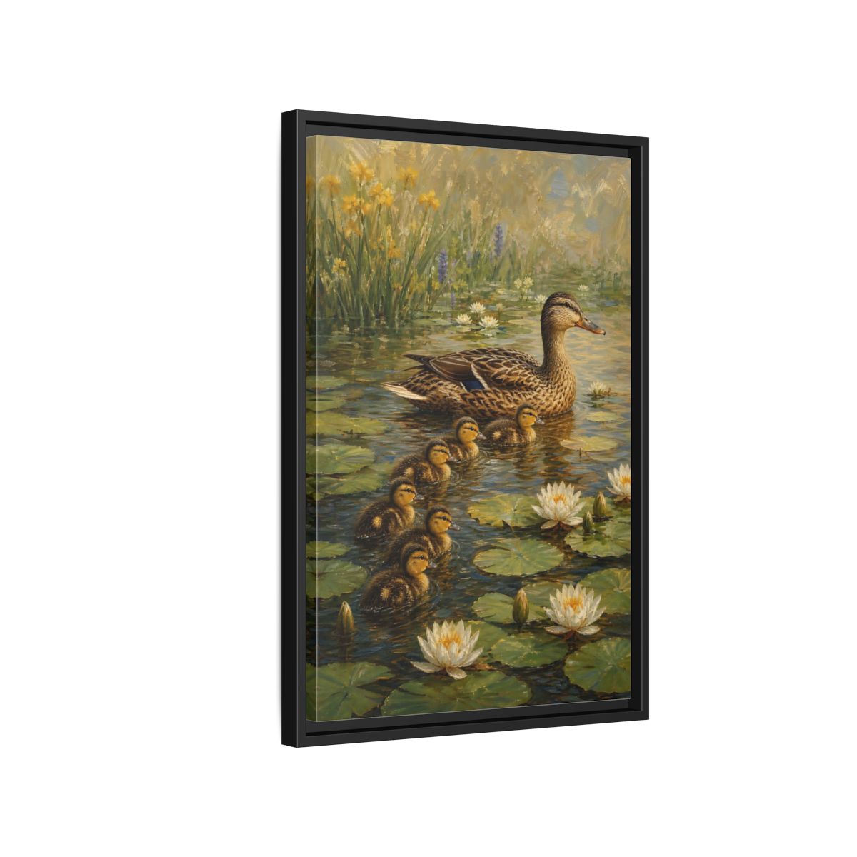 Side Mockup 3. Animals Duck Family Brown And Green Duck Pond shown as stretched canvas wall art
