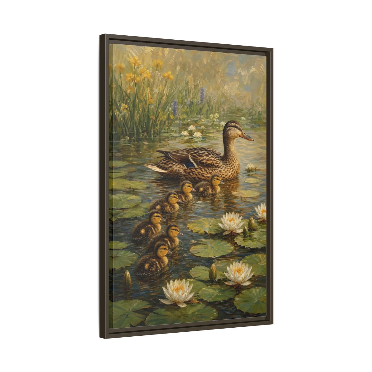 Side Mockup 11. Animals Duck Family Brown And Green Duck Pond shown as stretched canvas wall art