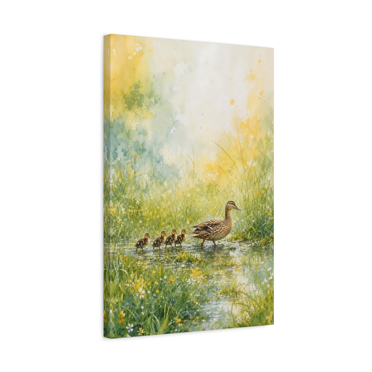 Side Mockup 3. Animals Duck Family Green And Yellow shown as stretched canvas wall art