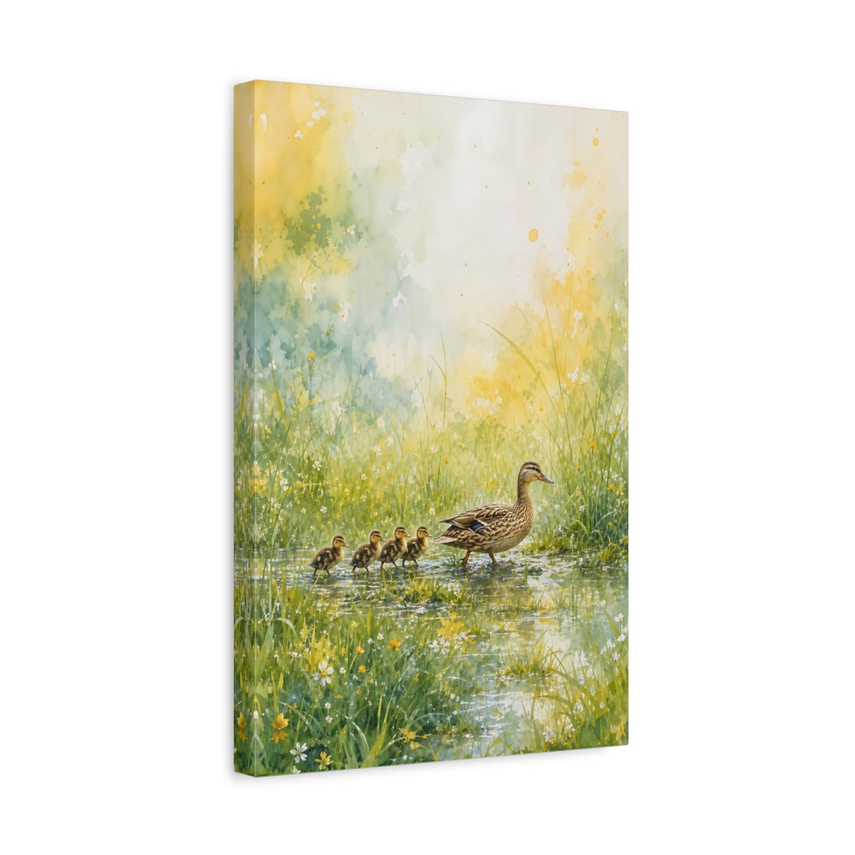 Side Mockup 4. Animals Duck Family Green And Yellow shown as stretched canvas wall art