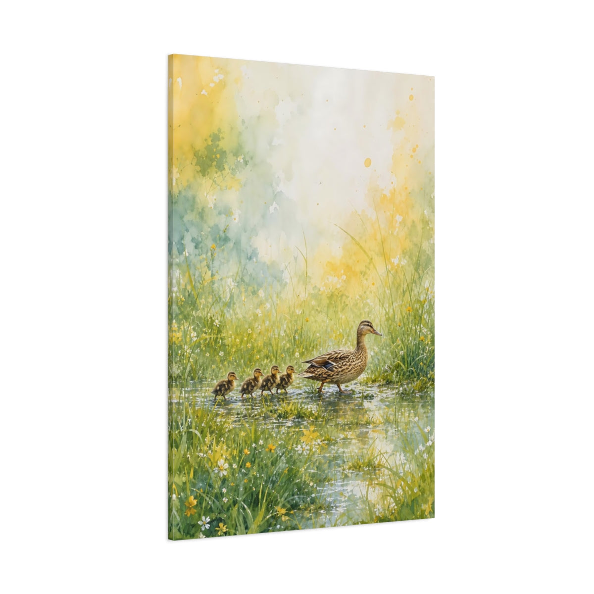 Side Mockup 1. Animals Duck Family Green And Yellow shown as stretched canvas wall art