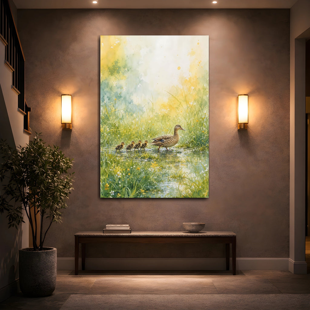 Mockup 2. Animals Duck Family Green And Yellow shown as stretched canvas wall art