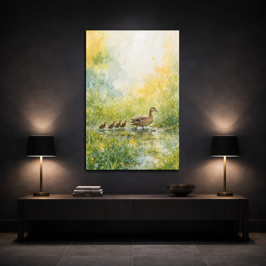 Mockup 3. Animals Duck Family Green And Yellow shown as stretched canvas wall art