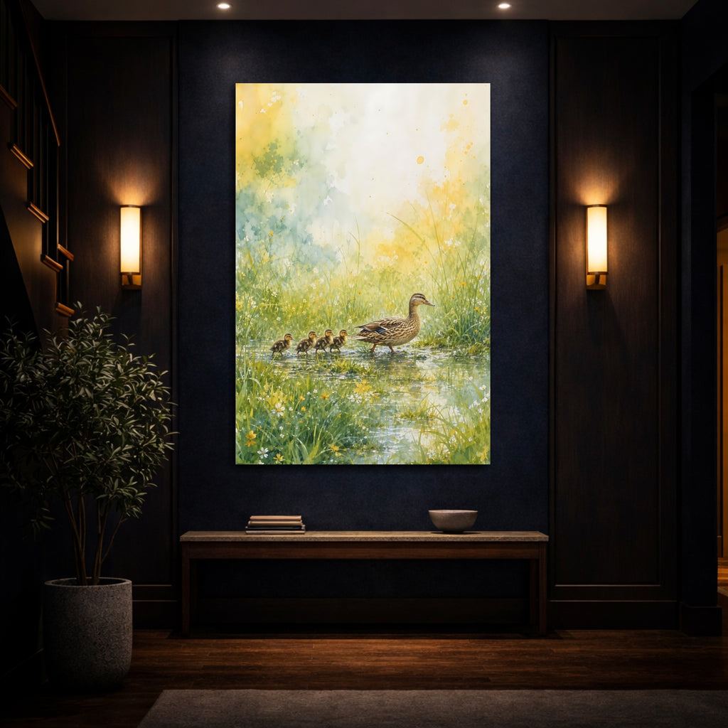 Mockup 4. Animals Duck Family Green And Yellow shown as stretched canvas wall art