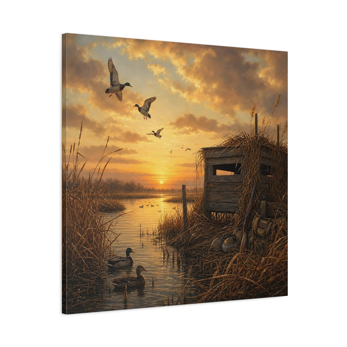 Main Mockup. Animals Ducks Ducks Sunset shown as stretched canvas wall art