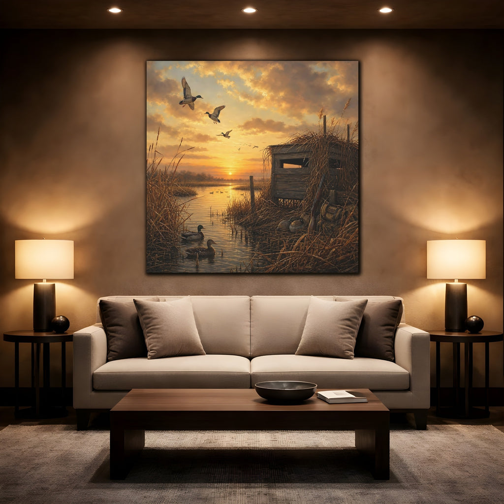 Mockup 2. Animals Ducks Ducks Sunset shown as stretched canvas wall art