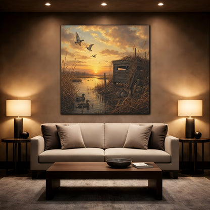 Mockup 2. Animals Ducks Ducks Sunset shown as stretched canvas wall art