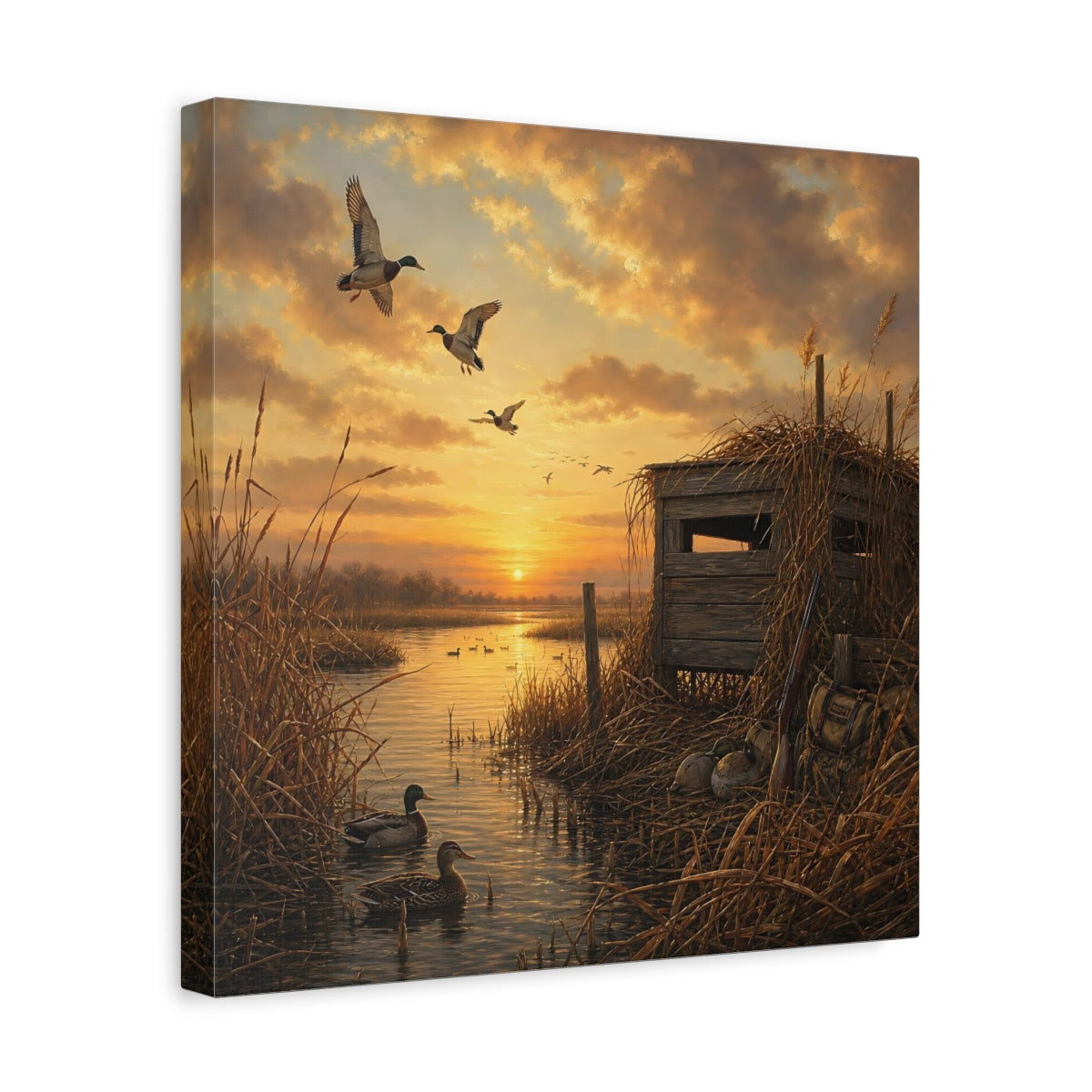 Side Mockup 7. Animals Ducks Ducks Sunset shown as stretched canvas wall art