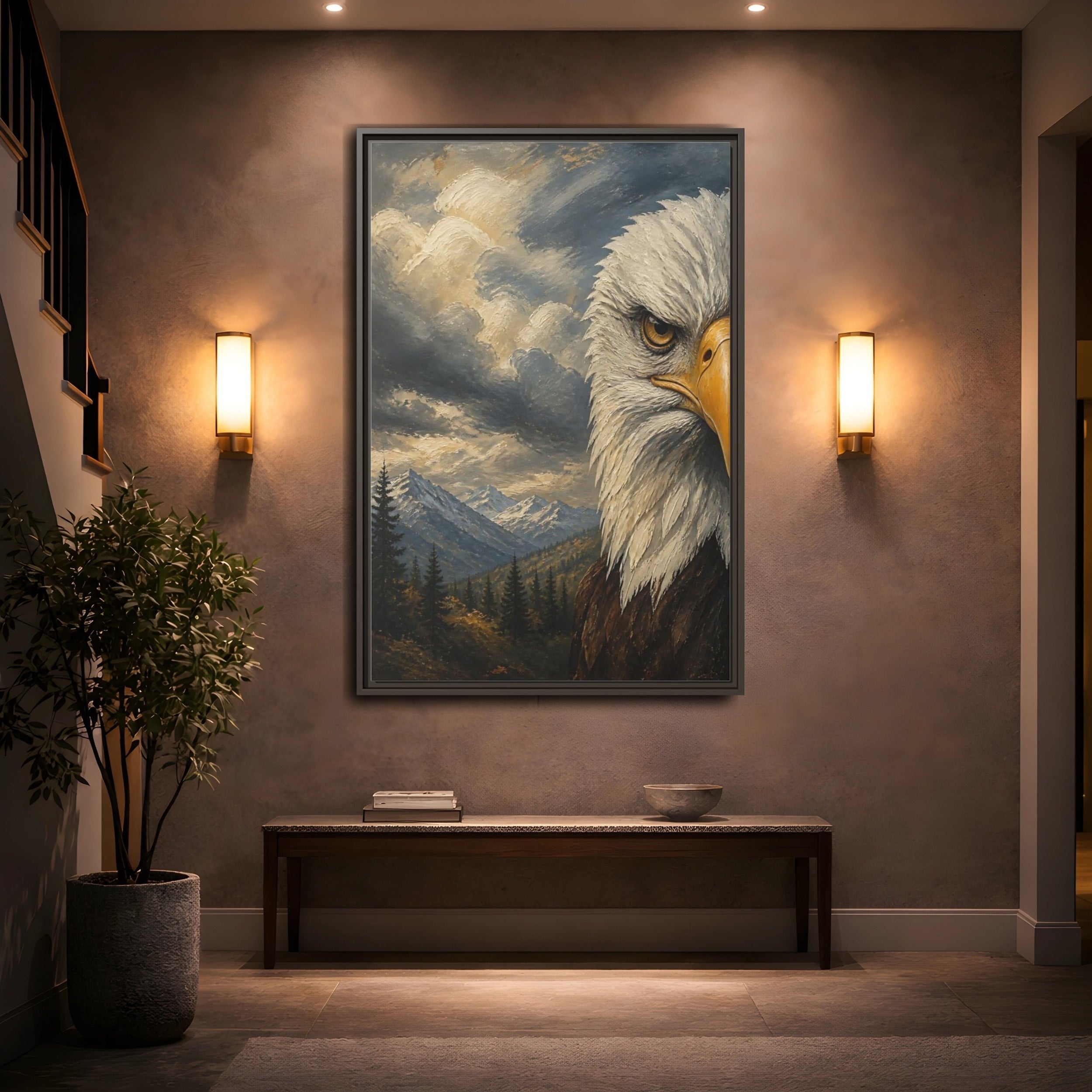 Mockup 2. Animals Eagle Bald Eagle Mountain shown as stretched canvas wall art