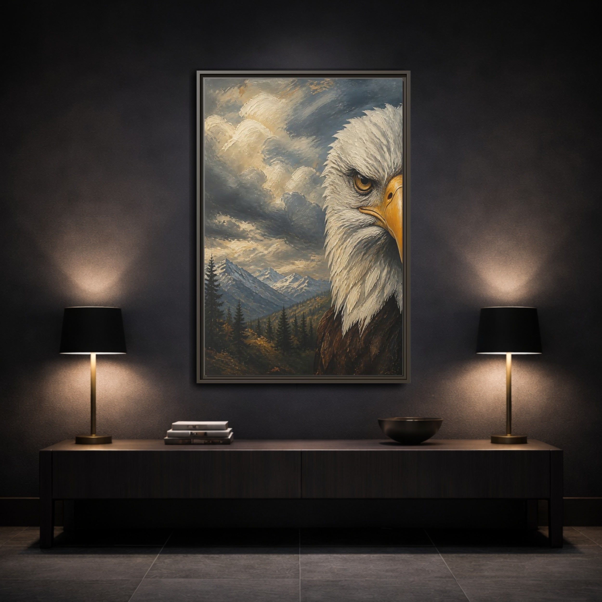 Mockup 3. Animals Eagle Bald Eagle Mountain shown as stretched canvas wall art