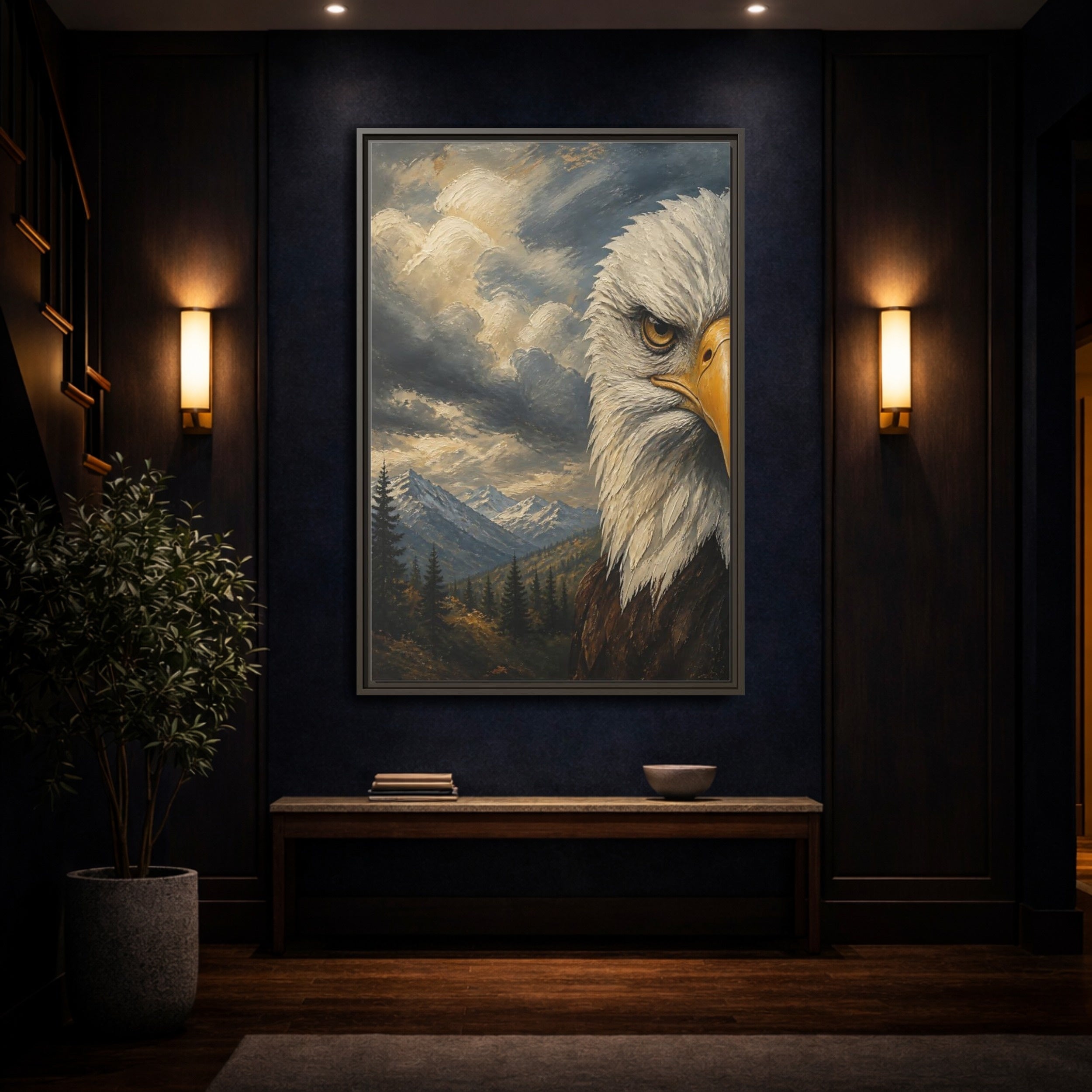Mockup 4. Animals Eagle Bald Eagle Mountain shown as stretched canvas wall art
