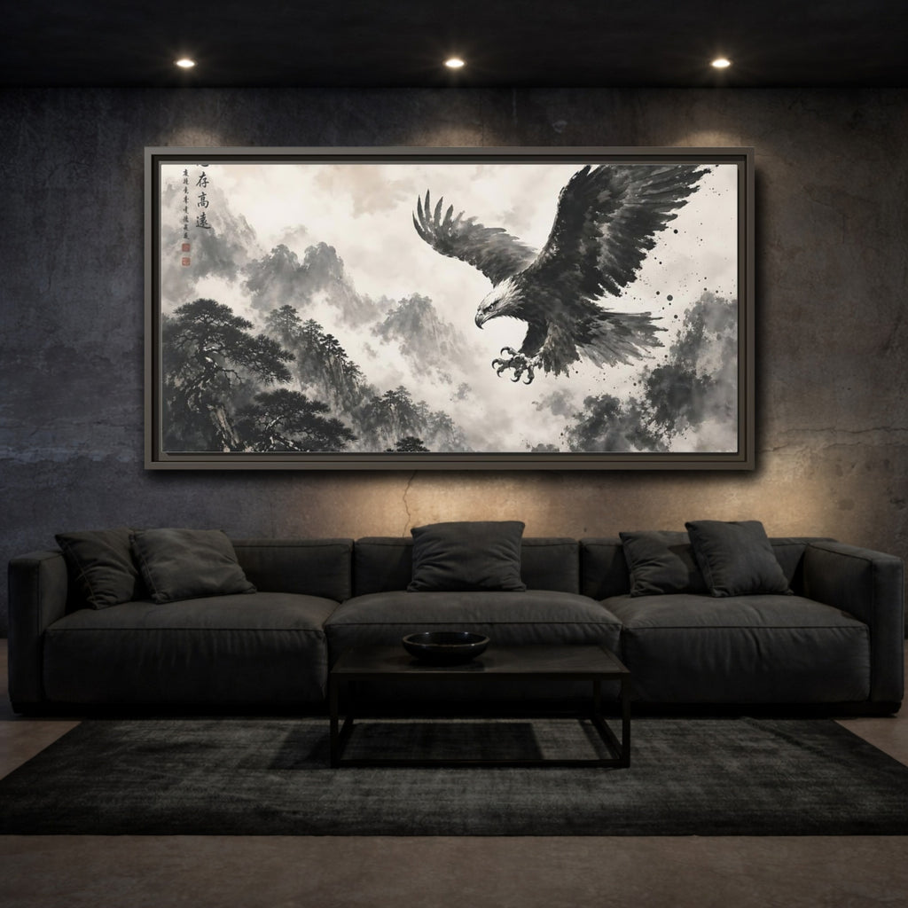Mockup 3. Animals Eagle Black And White Eagle shown as stretched canvas wall art