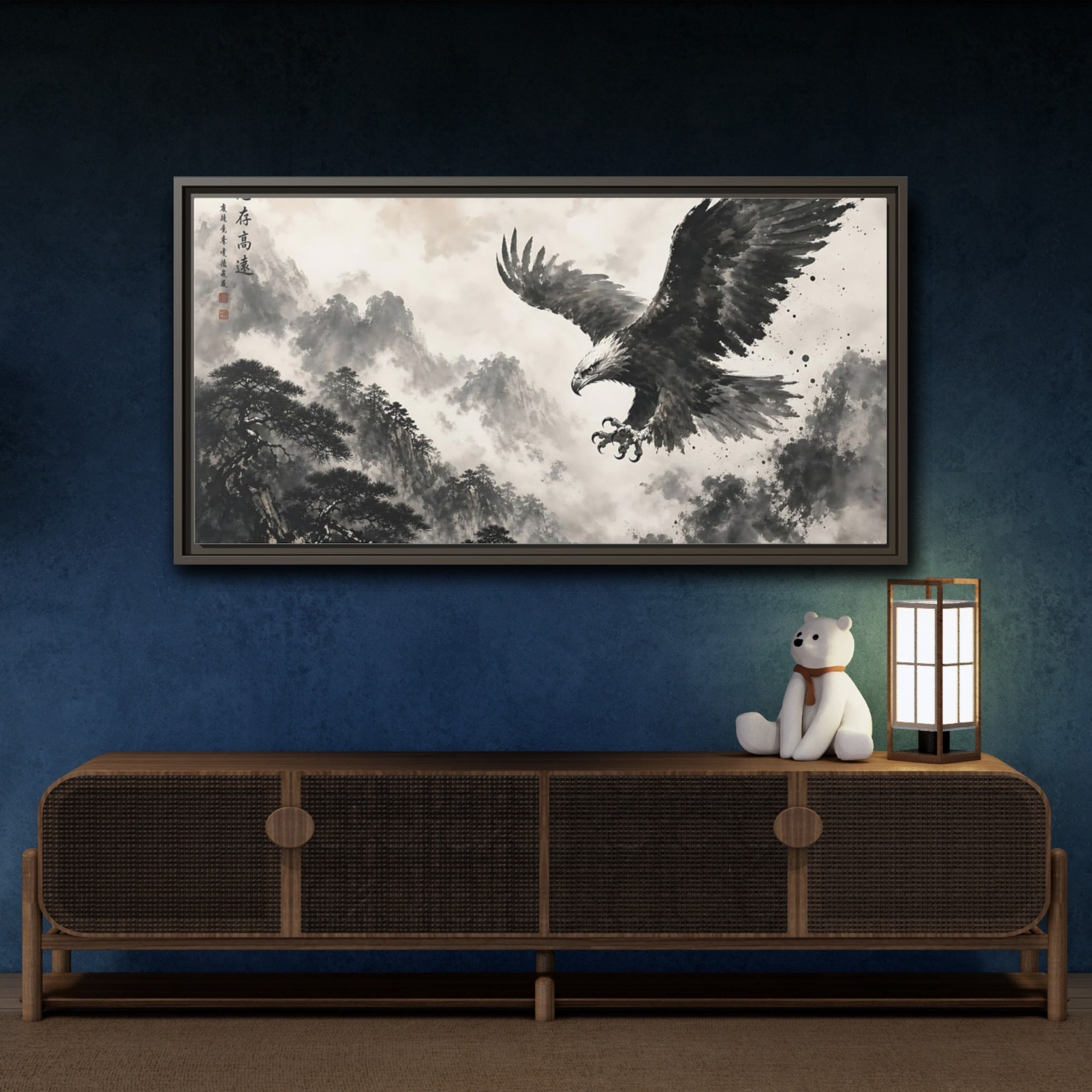 Mockup 4. Animals Eagle Black And White Eagle shown as stretched canvas wall art