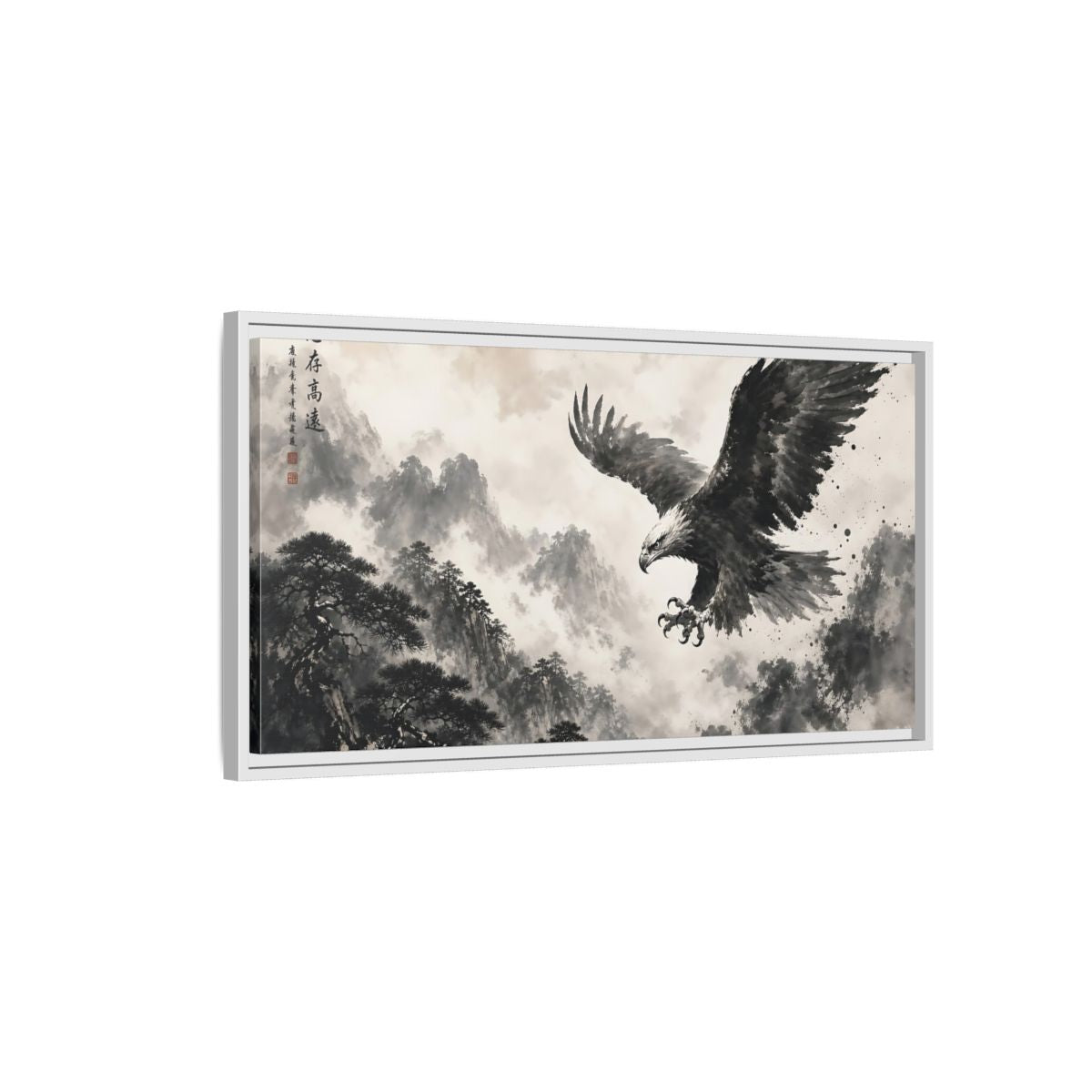 Side Mockup 1. Animals Eagle Black And White Eagle shown as stretched canvas wall art