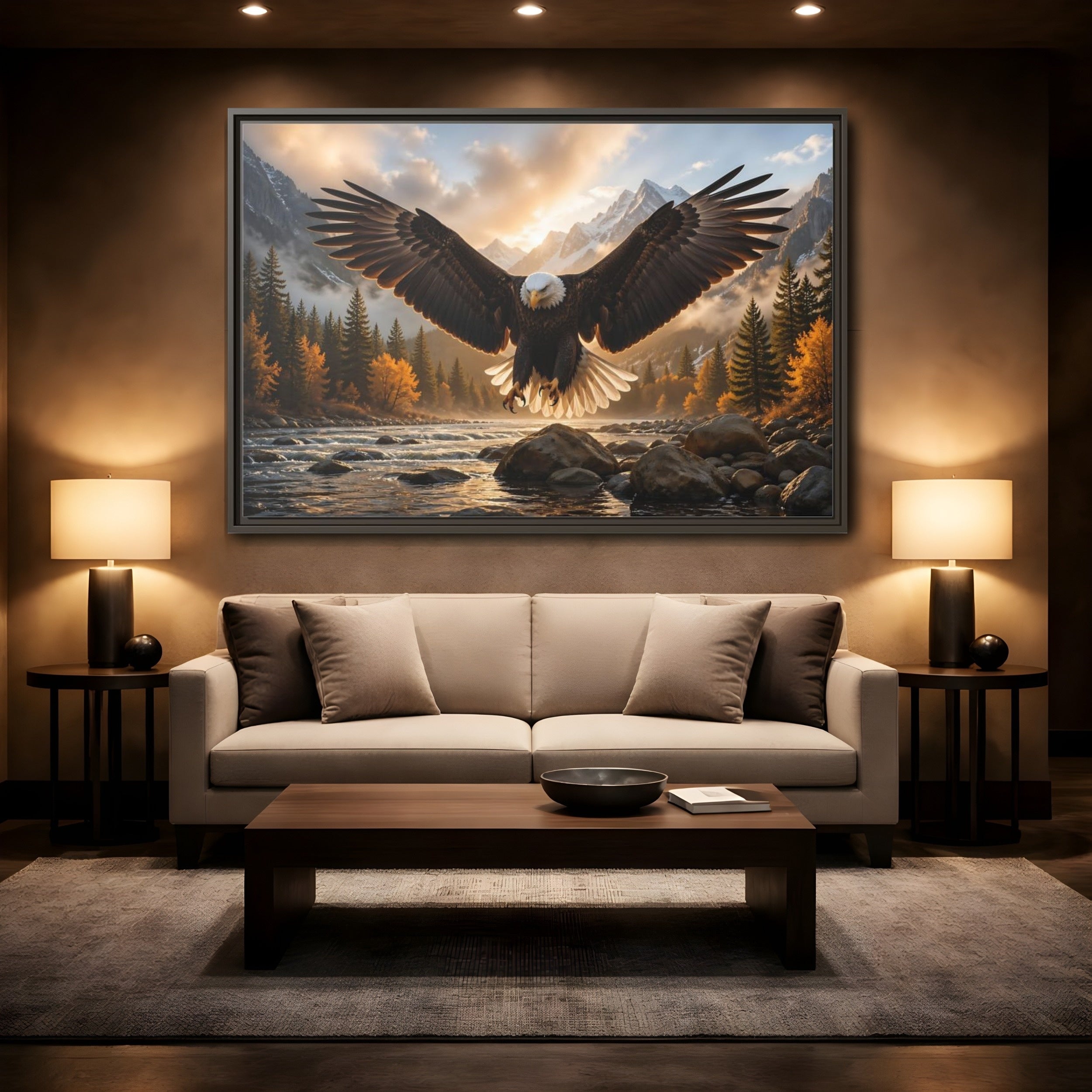 Mockup 2. Animals Eagle Brown And Gold Eagle shown as stretched canvas wall art