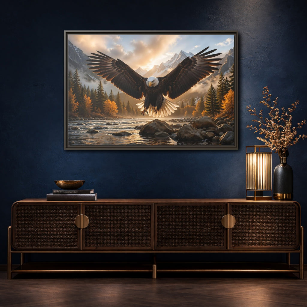 Mockup 4. Animals Eagle Brown And Gold Eagle shown as stretched canvas wall art