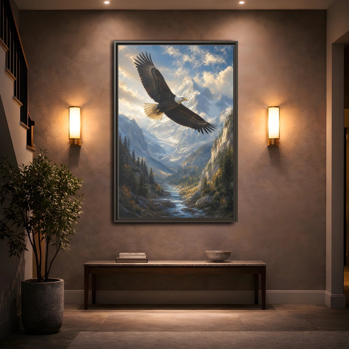 Animals Eagle Mountain Valley Framed Canvas Wall Art - Realistic Living Room Above Couch shown as canvas wall art